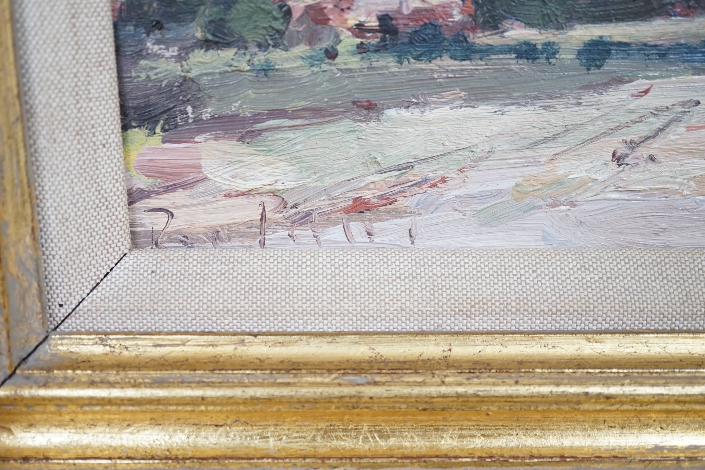 Roy Petley (b.1950), oil on board, Village scene, 14 x 22cm